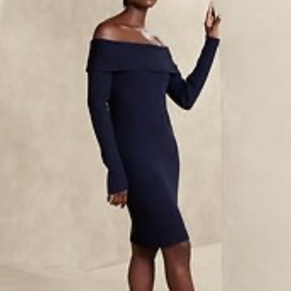 Banana Republic Factory Off Shoulder Mini Sweater Dress Navy Blue XL L1